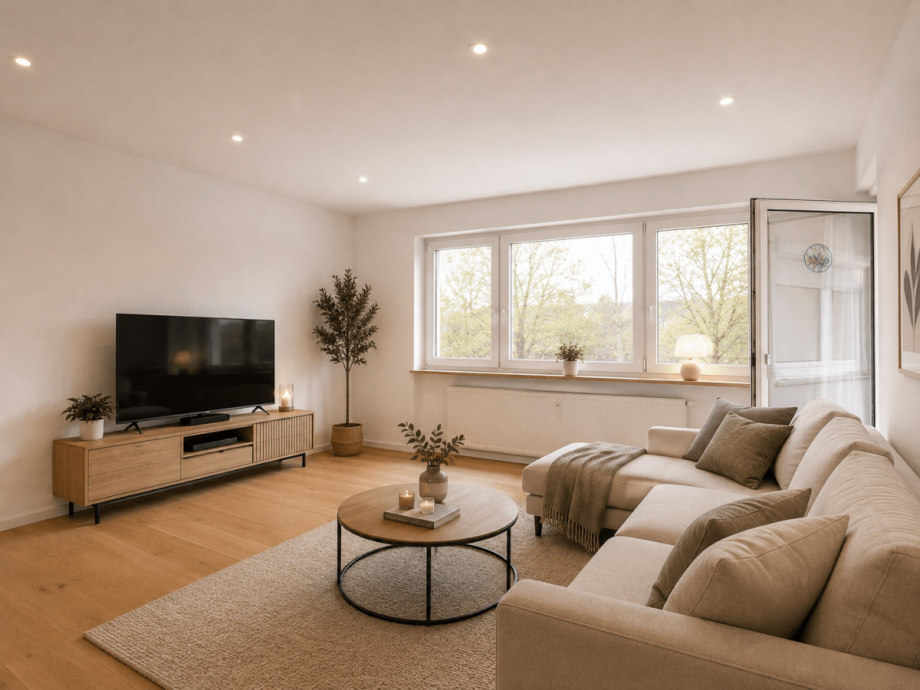 Wohnzimmer Beispiel nach Modernisierung (KI generiert) Etagenwohnung Ulm