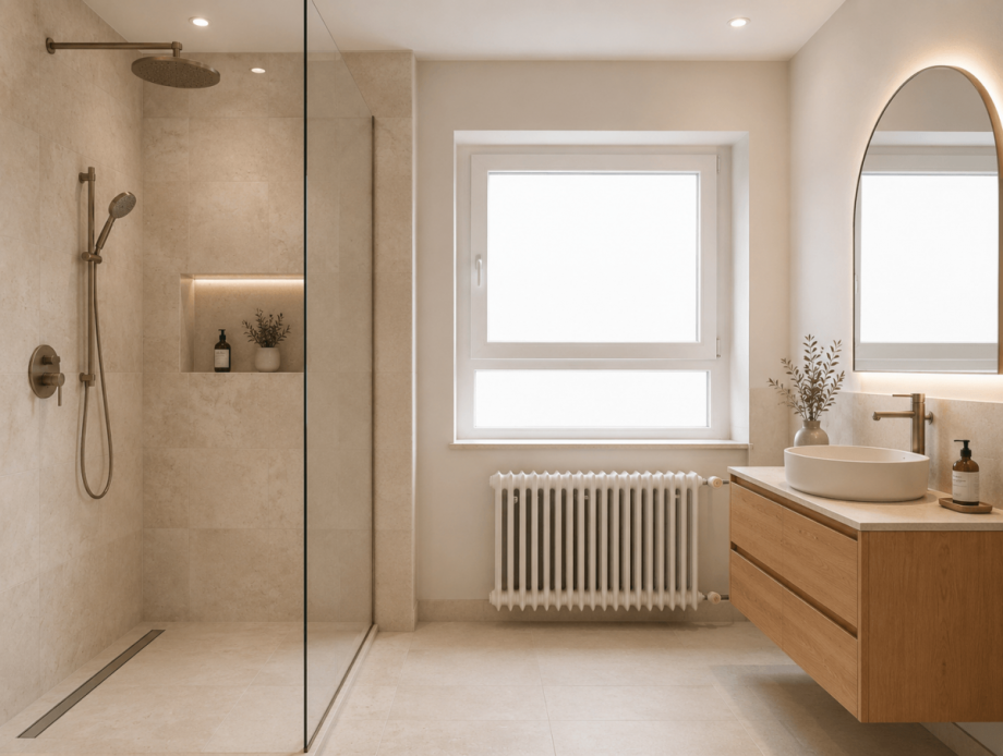 Beispiel Badezimmer nach Modernisierung (KI generiert) Dachgeschosswohnung Neu-Ulm