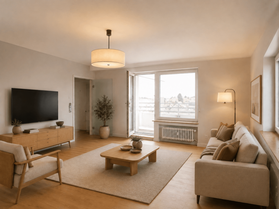 Beispiel Wohnzimmer nach Modernisierung (KI generiert) Dachgeschosswohnung Neu-Ulm
